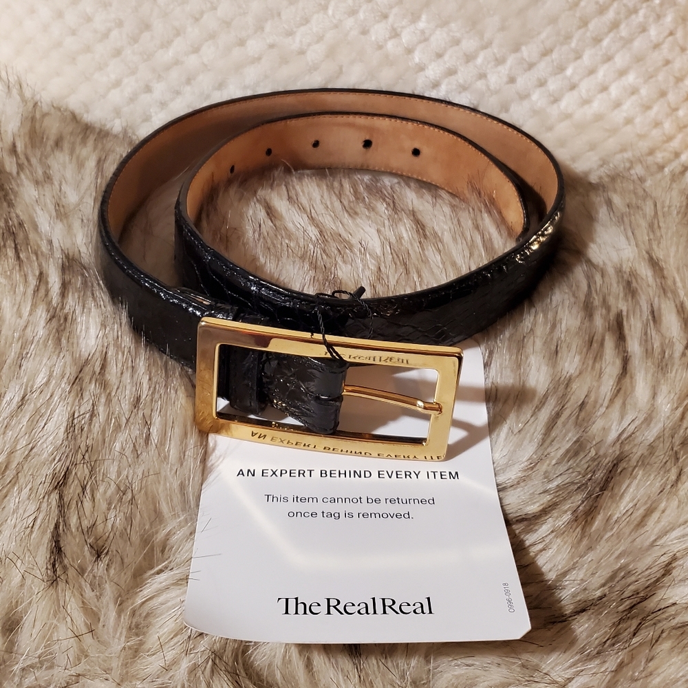 NWT MCM women's patent leather belt, Glossy Black Crocodile Pattern